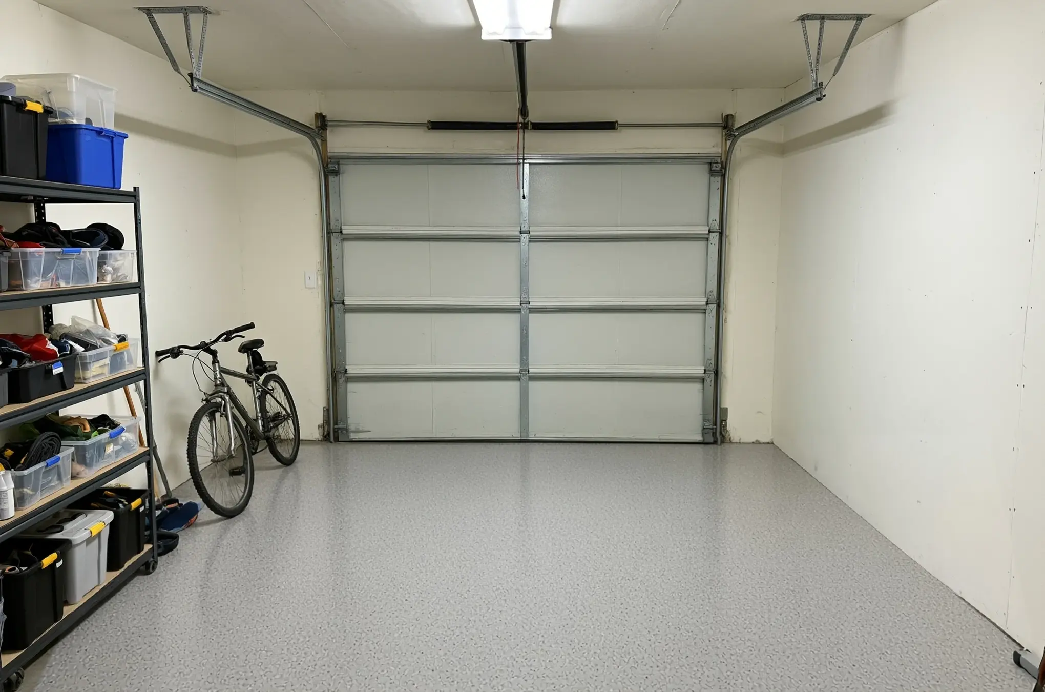 A garage floor finished in ANVIL Whitewash