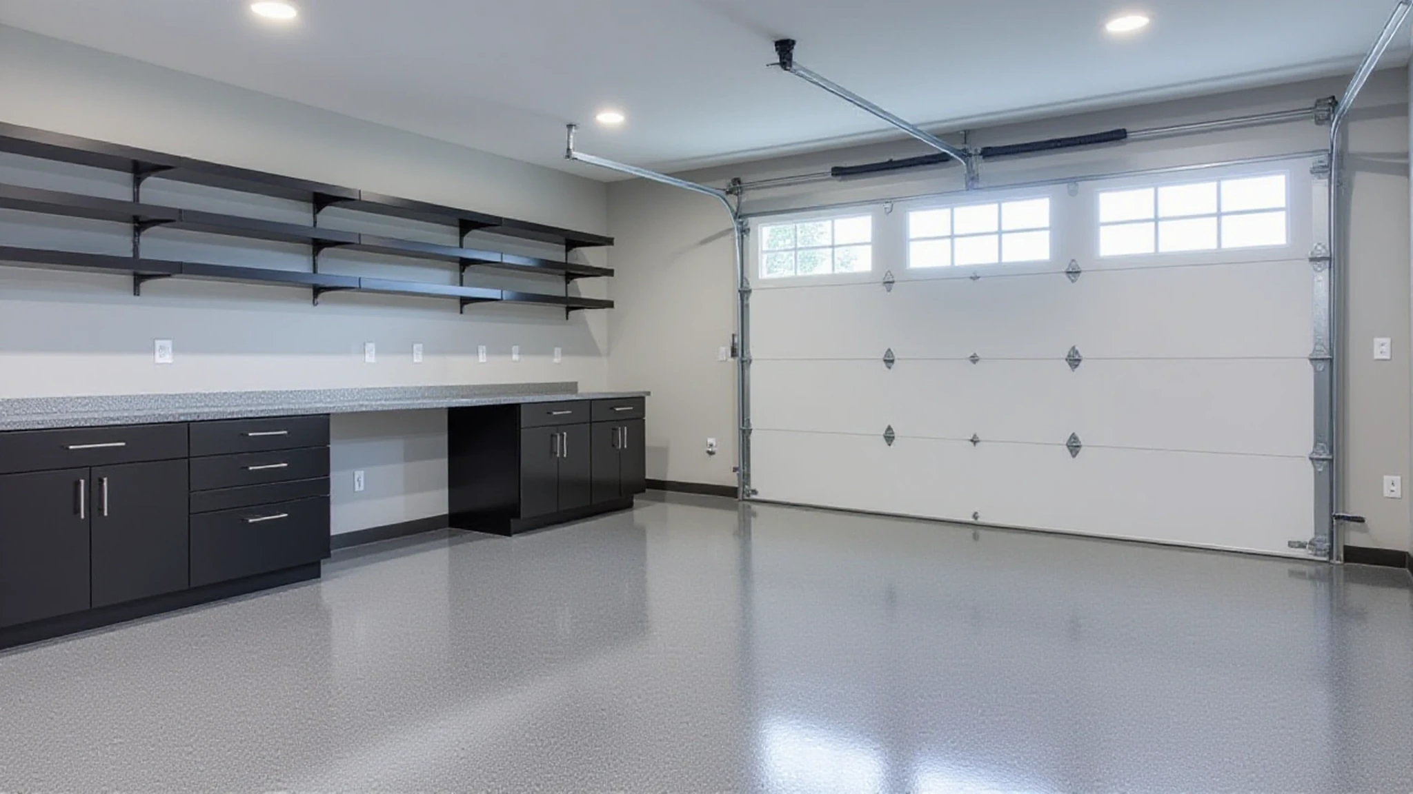 A finished garage with a dark charcoal flake floor